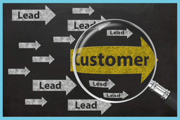 Blackboard with lots of arrows with Leads written on them. One arrow in yellow has customer written on it