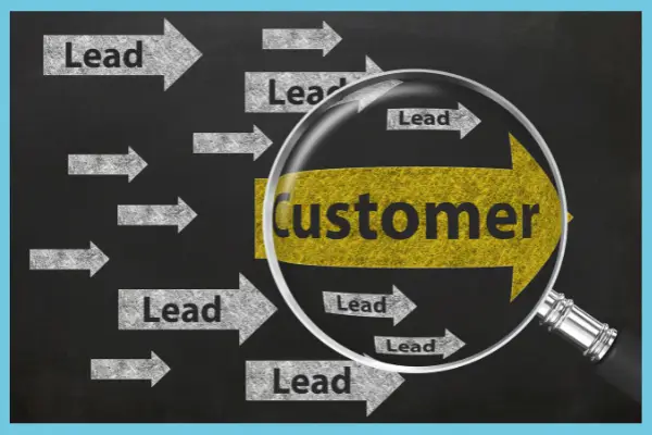 Blackboard with lots of arrows with Leads written on them. One arrow in yellow has customer written on it