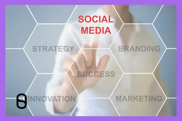 Woman touching a screen with the words Social Media in red. Other marketing words around the screen.