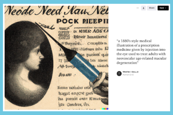 A 1880's style medical illustration depicting a prescription medicine administered via injection into the eye. This treatment is employed for adults suffering from neovascular age-related macular degeneration