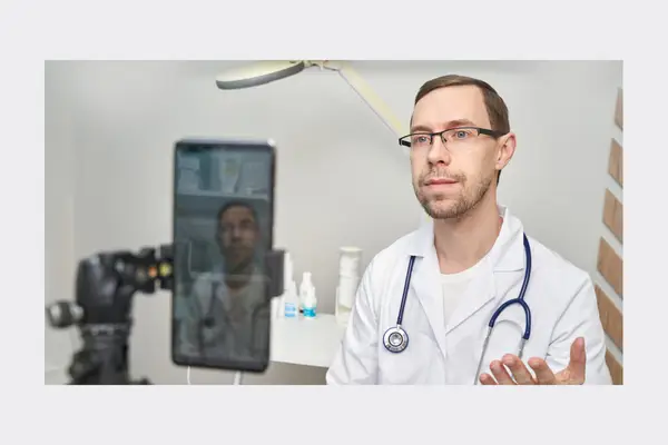 doctor speaking to a phone set up to record.